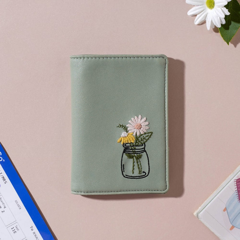 Flower Jar Two Fold Passport Cover Green