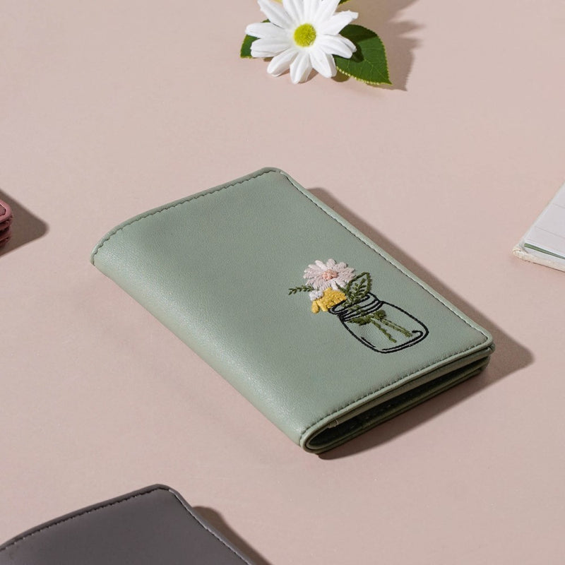 Flower Jar Two Fold Passport Cover Green
