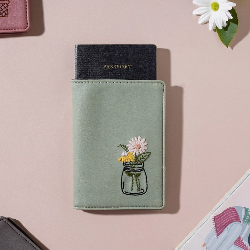 Flower Jar Two Fold Passport Cover Green