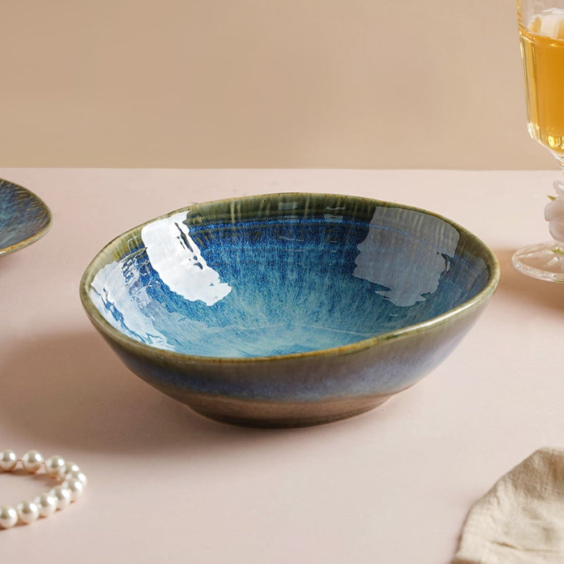 Boracay Organic Shaped Serving Bowl Blue 550 ml - Bowl, ceramic bowl, serving bowls, noodle bowl, salad bowls, bowl for snacks, large serving bowl | Bowls for dining table & home decor