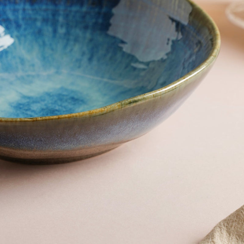 Boracay Organic Shaped Serving Bowl Blue 550 ml - Bowl, ceramic bowl, serving bowls, noodle bowl, salad bowls, bowl for snacks, large serving bowl | Bowls for dining table & home decor