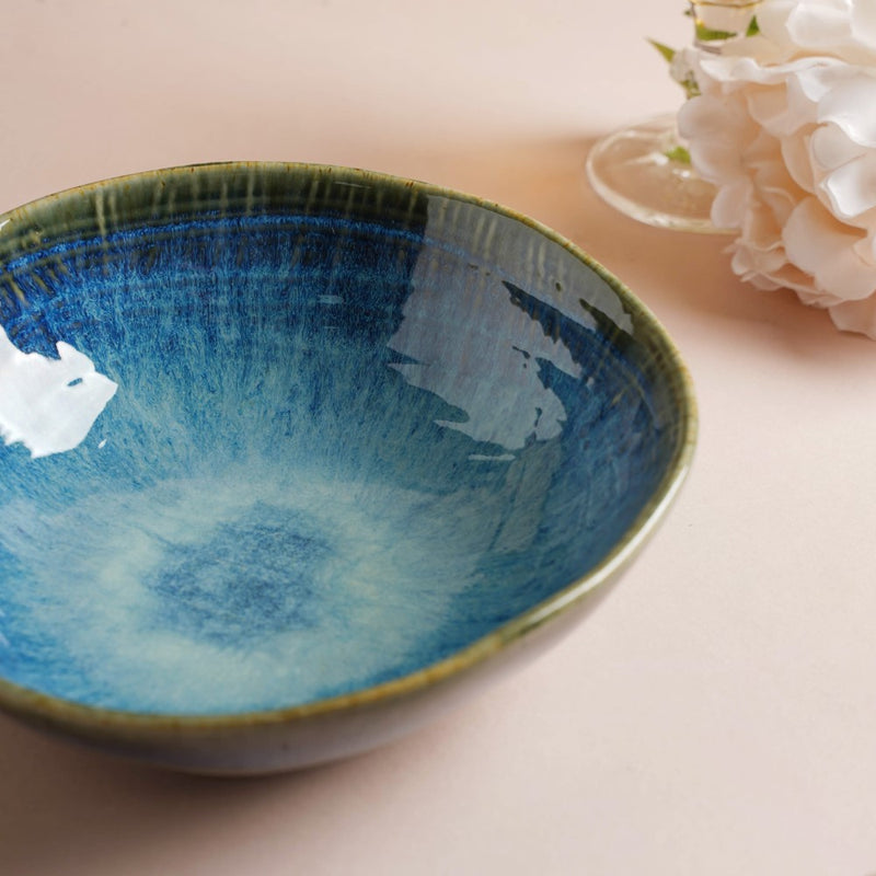 Boracay Organic Shaped Serving Bowl Blue 550 ml - Bowl, ceramic bowl, serving bowls, noodle bowl, salad bowls, bowl for snacks, large serving bowl | Bowls for dining table & home decor