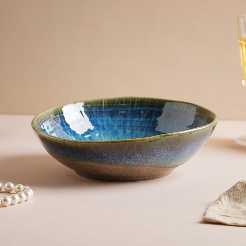 Boracay Organic Shaped Serving Bowl Blue 550 ml - Bowl, ceramic bowl, serving bowls, noodle bowl, salad bowls, bowl for snacks, large serving bowl | Bowls for dining table & home decor