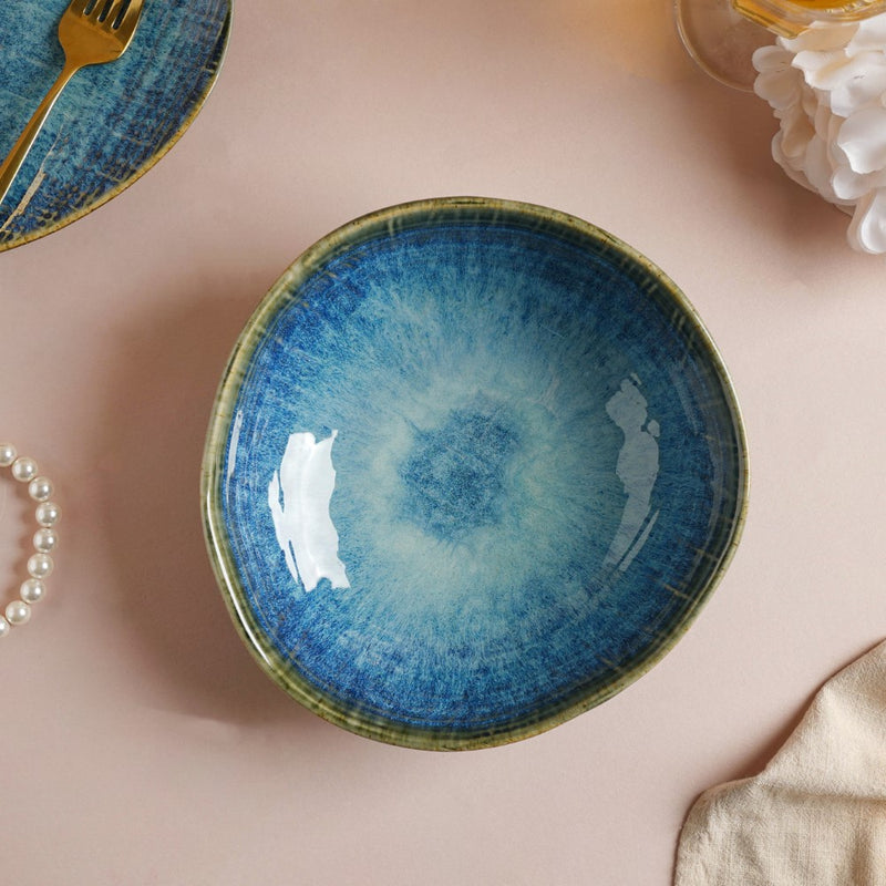 Boracay Organic Shaped Serving Bowl Blue 550 ml - Bowl, ceramic bowl, serving bowls, noodle bowl, salad bowls, bowl for snacks, large serving bowl | Bowls for dining table & home decor