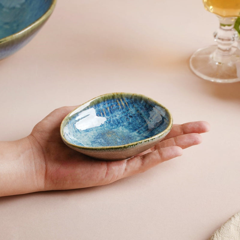Boracay Organic Shaped Ceramic Dip Bowl Blue 50 ml - Bowl, ceramic bowl, dip bowls, chutney bowl, dip bowls ceramic | Bowls for dining table & home decor 