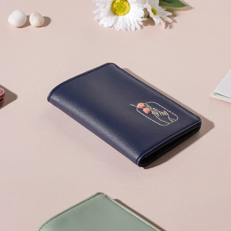 Floral Art Embroidered Passport Cover Navy Blue
