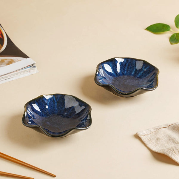 Sapphire Wavy Ceramic Dip Bowl Blue Set Of 2 - Bowl, ceramic bowl, dip bowls, chutney bowl, dip bowls ceramic | Bowls for dining table & home decor 