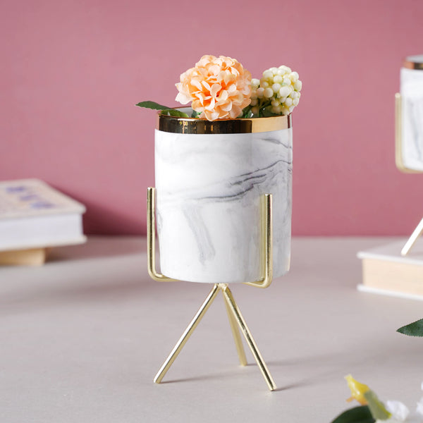 FLORA Marble Planter with Metal Stand - Grey - Indoor planters and flower pots | Home decor items
