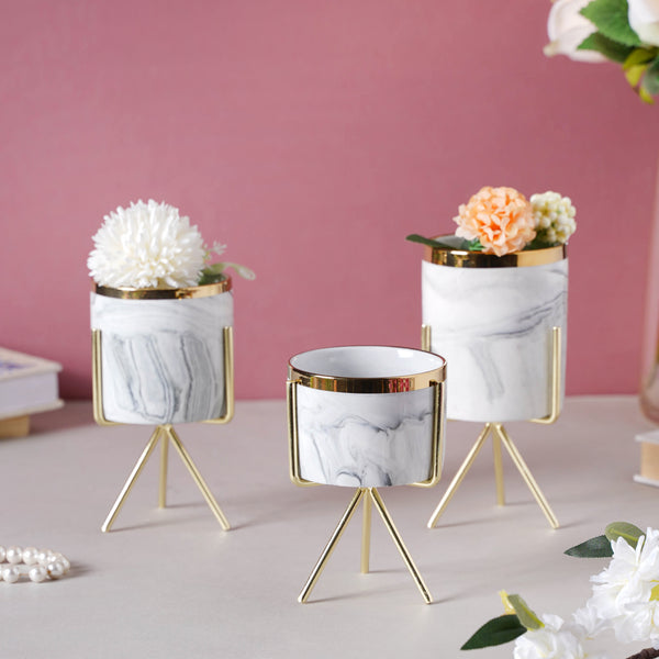 FLORA Marble Planter with Metal Stand - Grey - Indoor planters and flower pots | Home decor items
