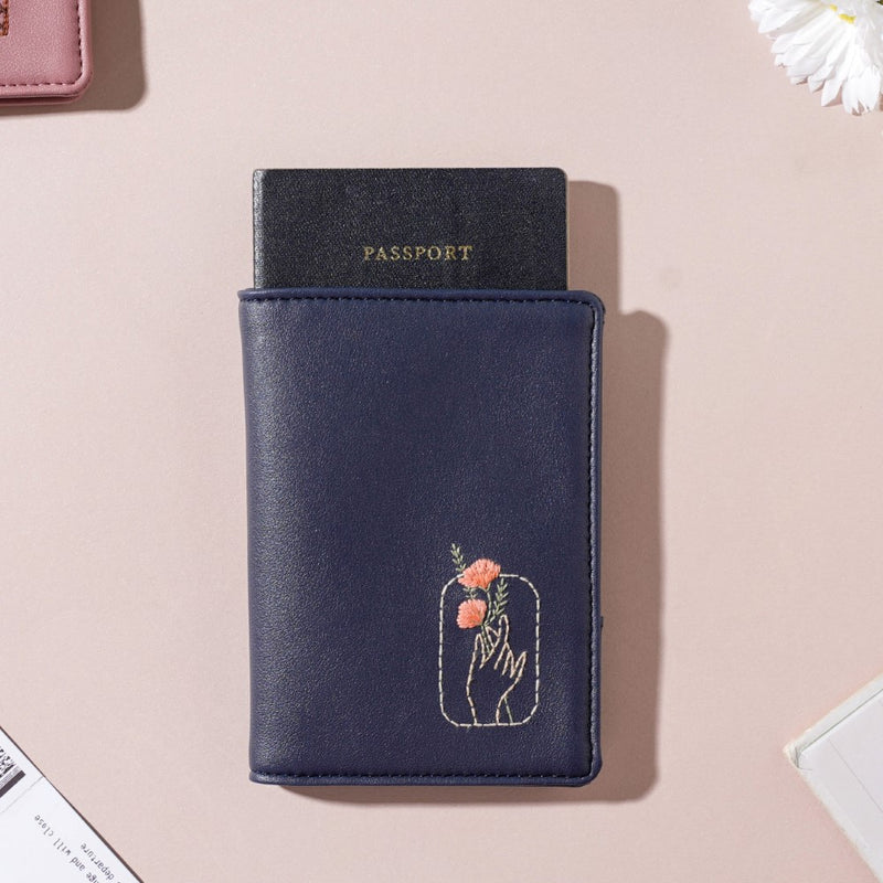 Floral Art Embroidered Passport Cover Navy Blue