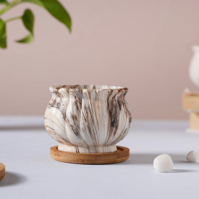 Cinzia Marble Patterned Planter With Coaster - Indoor planters and flower pots | Home decor items