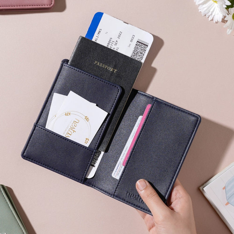 Floral Art Embroidered Passport Cover Navy Blue