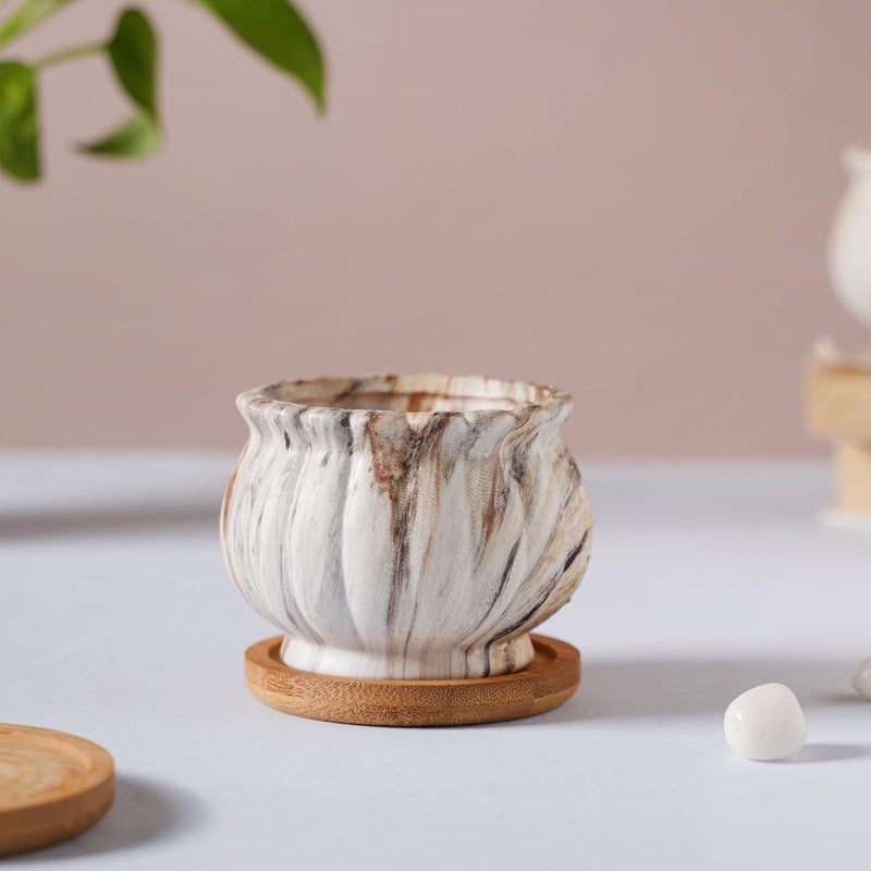 Cinzia Marble Patterned Planter With Coaster - Indoor planters and flower pots | Home decor items