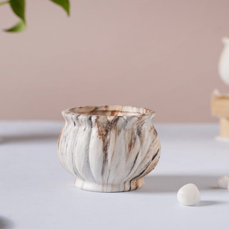 Cinzia Marble Patterned Planter With Coaster - Indoor planters and flower pots | Home decor items