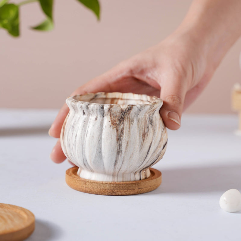 Cinzia Marble Patterned Planter With Coaster - Indoor planters and flower pots | Home decor items