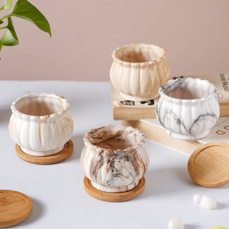Cinzia Marble Patterned Planter With Coaster - Indoor planters and flower pots | Home decor items