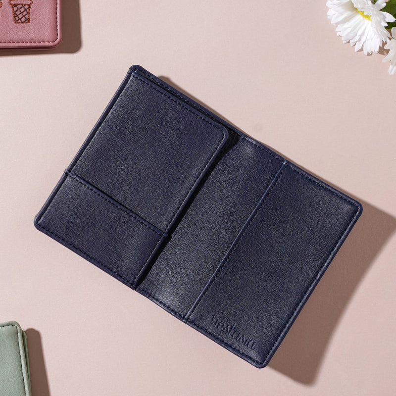 Floral Art Embroidered Passport Cover Navy Blue