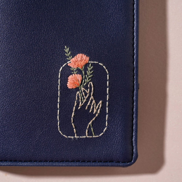 Floral Art Embroidered Passport Cover Navy Blue