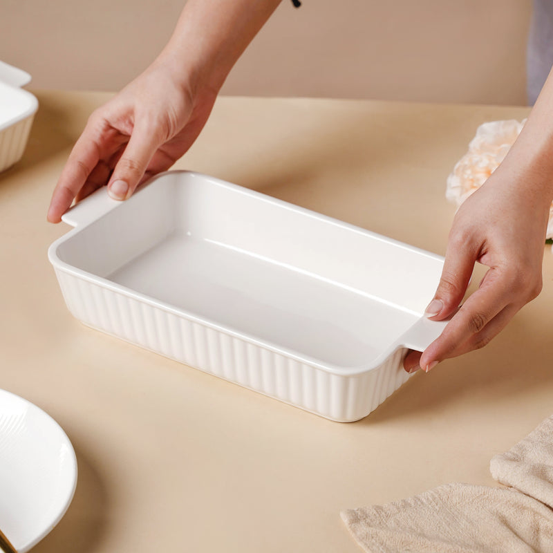 Serena Lily White Ceramic Ribbed Baking Plate Large - Baking Dish