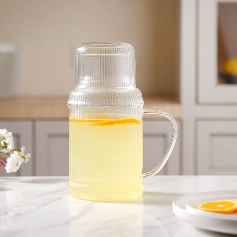 Modern Ribbed Glass Jug and Cup Set - Tea set, glass jug set, glassware set | Drinkware set for Dining table & Home decor