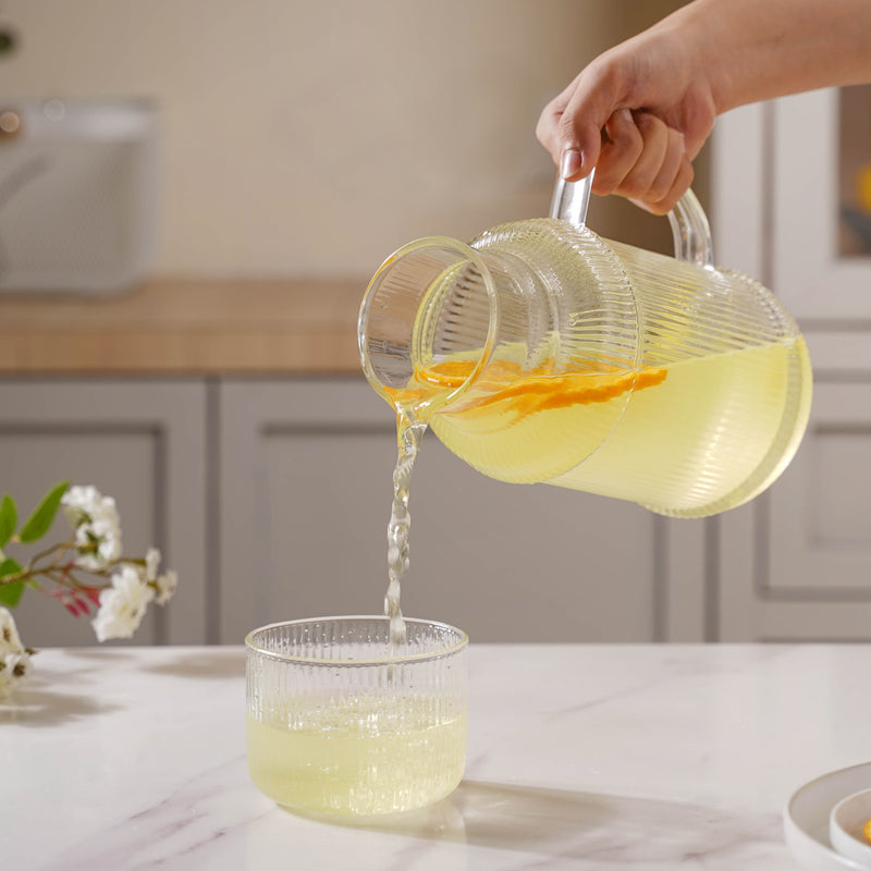 Modern Ribbed Glass Jug and Cup Set - Tea set, glass jug set, glassware set | Drinkware set for Dining table & Home decor