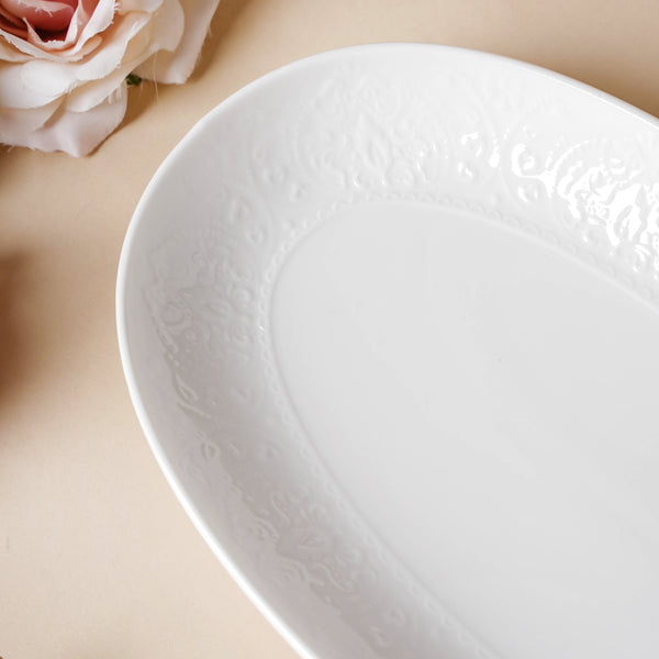 Serena Snowy White Floral Oval Platter - Ceramic platter, serving platter, fruit platter | Plates for dining table & home decor