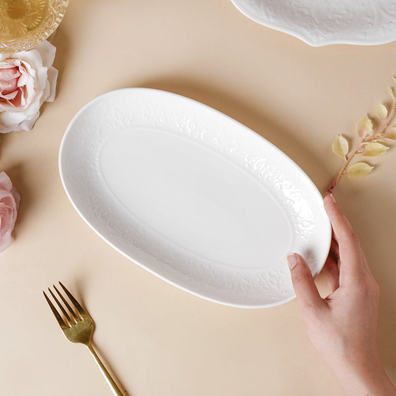 Serena Snowy White Floral Oval Platter - Ceramic platter, serving platter, fruit platter | Plates for dining table & home decor