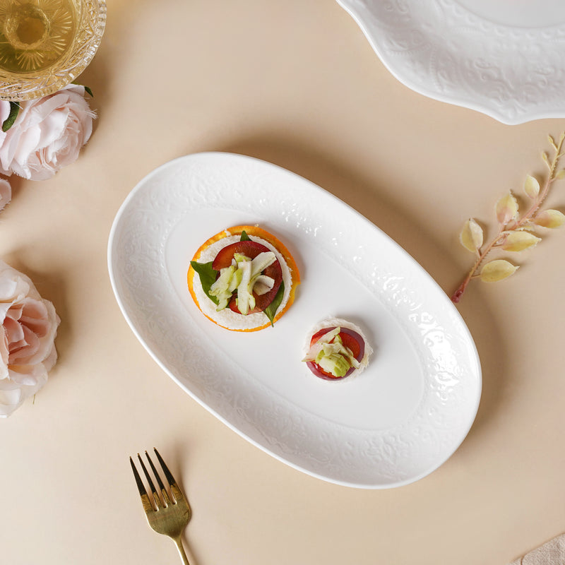 Serena Snowy White Floral Oval Platter - Ceramic platter, serving platter, fruit platter | Plates for dining table & home decor
