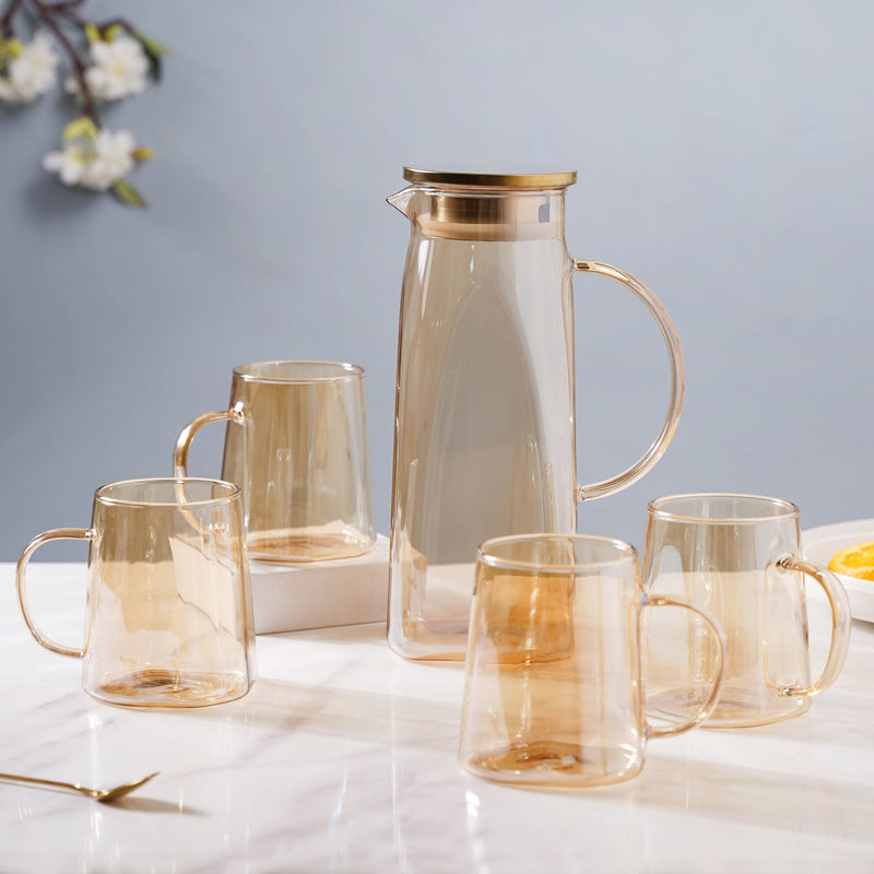 Amber Glass Jug and 4 Cups Set - Tea set, glass jug set, glassware set | Drinkware set for Dining table & Home decor