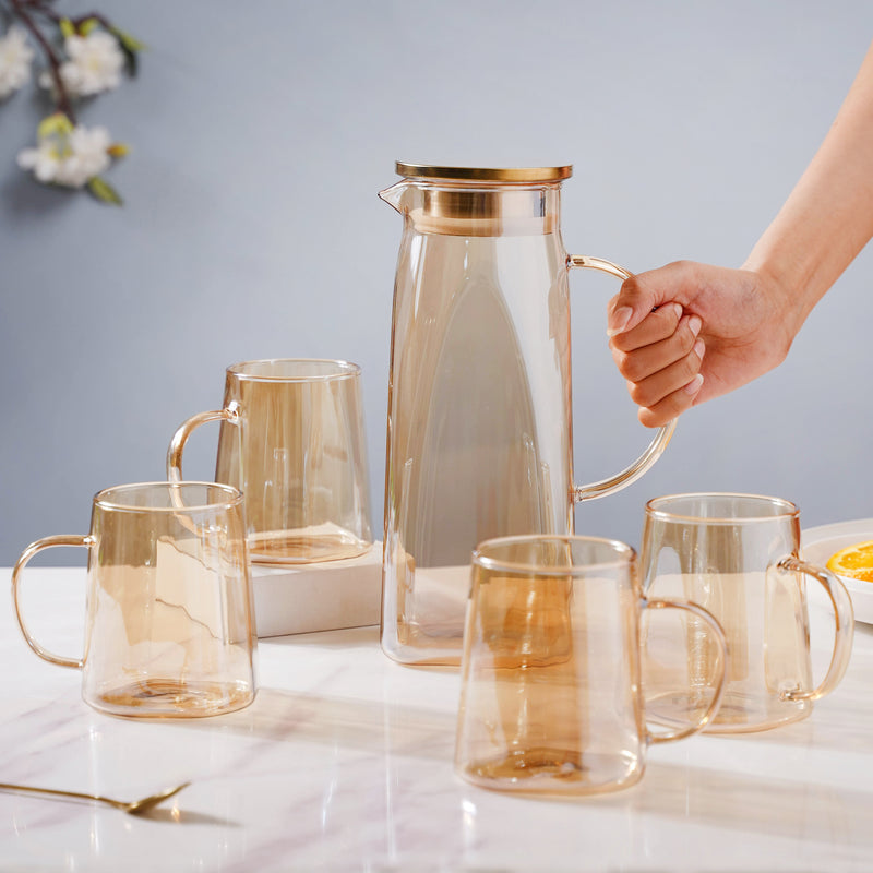 Amber Glass Jug and 4 Cups Set - Tea set, glass jug set, glassware set | Drinkware set for Dining table & Home decor