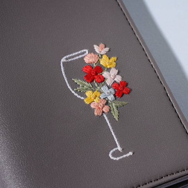 Floral Line Art Embroidered Passport Cover Grey