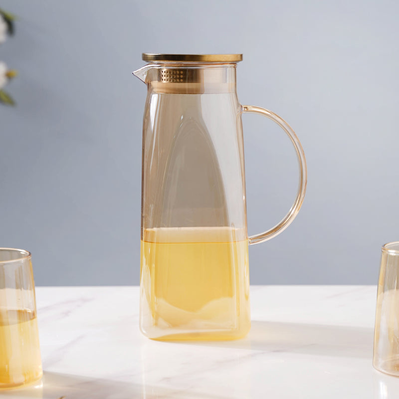 Amber Glass Jug and 4 Cups Set - Tea set, glass jug set, glassware set | Drinkware set for Dining table & Home decor