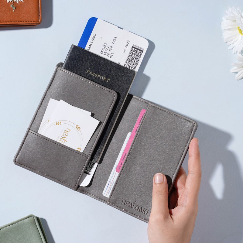 Floral Line Art Embroidered Passport Cover Grey