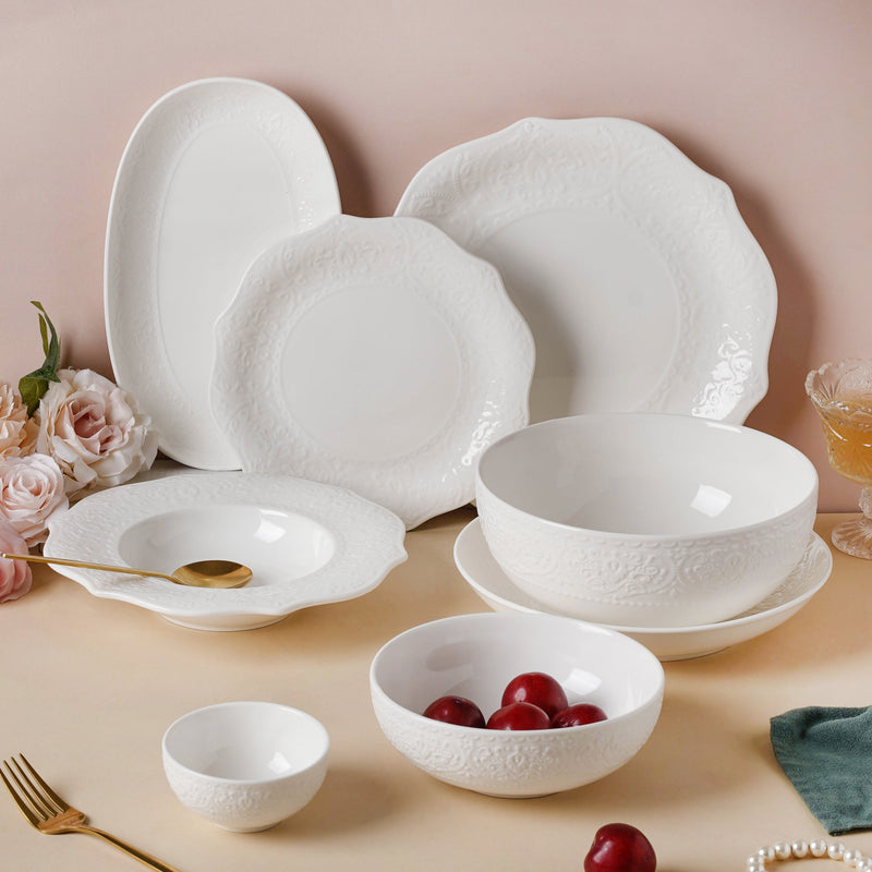 Serena Snowy White Floral Oval Platter - Ceramic platter, serving platter, fruit platter | Plates for dining table & home decor