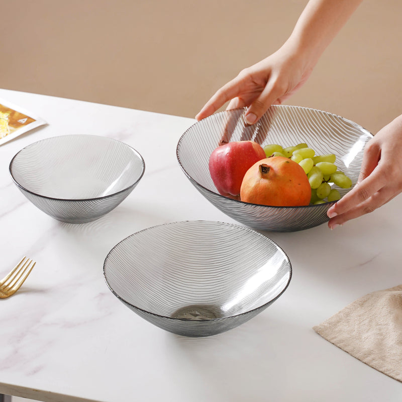 Waves Glass Bowl Set of 3 Grey - Glass bowl, serving bowl set, bowl for snacks, glass serving bowl, large serving bowl | Bowls for dining table & home decor