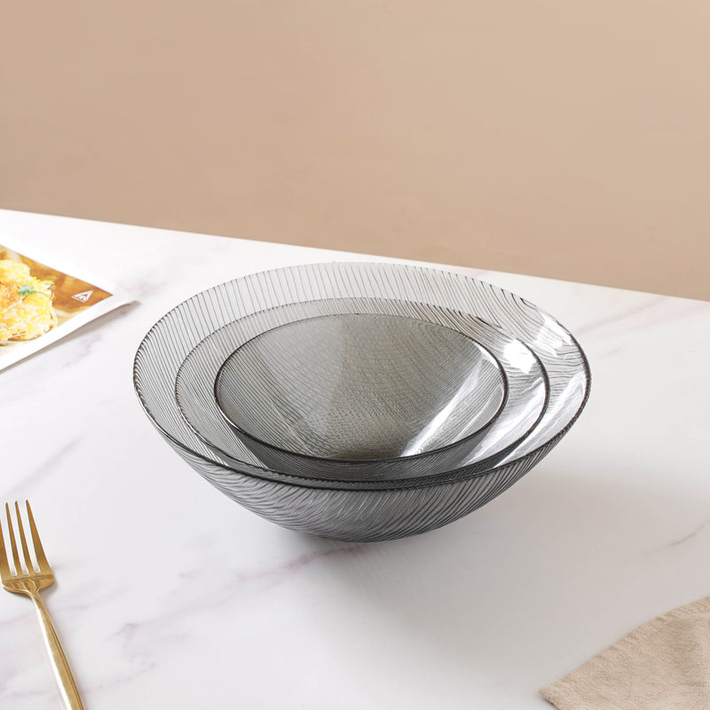 Waves Glass Bowl Set of 3 Grey - Glass bowl, serving bowl set, bowl for snacks, glass serving bowl, large serving bowl | Bowls for dining table & home decor