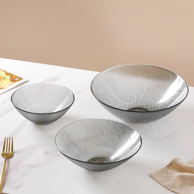 Waves Glass Bowl Set of 3 Grey - Glass bowl, serving bowl set, bowl for snacks, glass serving bowl, large serving bowl | Bowls for dining table & home decor