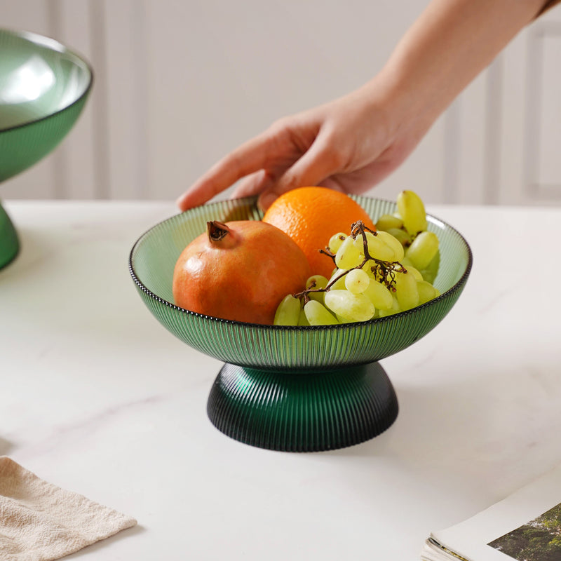 Ribbed Emerald Fruit Bowl Small - Glass bowl, serving bowls, bowl for snacks, glass serving bowl, large serving bowl | Bowls for dining table & home decor
