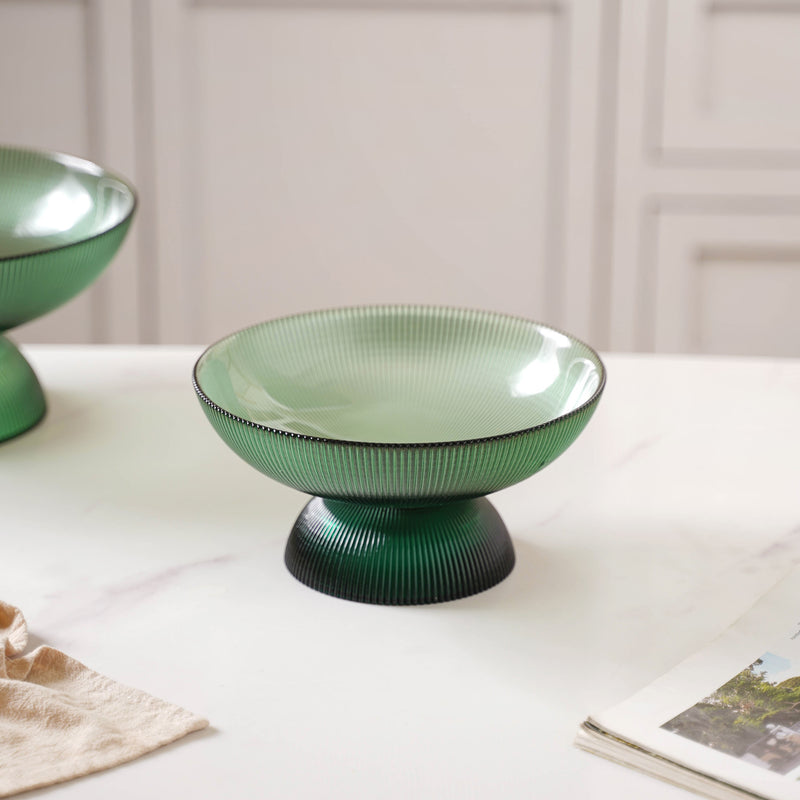 Ribbed Emerald Fruit Bowl Small - Glass bowl, serving bowls, bowl for snacks, glass serving bowl, large serving bowl | Bowls for dining table & home decor