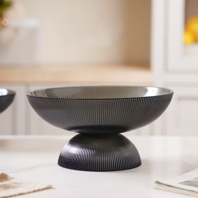 Ribbed Grey Fruit Bowl Large - Glass bowl, serving bowls, bowl for snacks, glass serving bowl, large serving bowl | Bowls for dining table & home decor