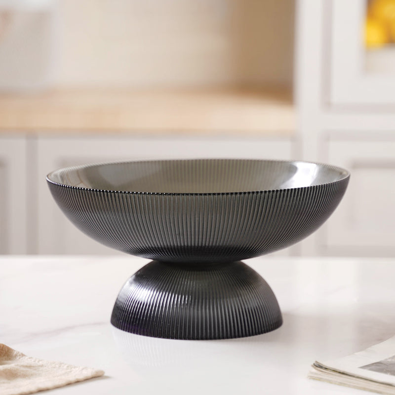 Ribbed Grey Fruit Bowl Large - Glass bowl, serving bowls, bowl for snacks, glass serving bowl, large serving bowl | Bowls for dining table & home decor