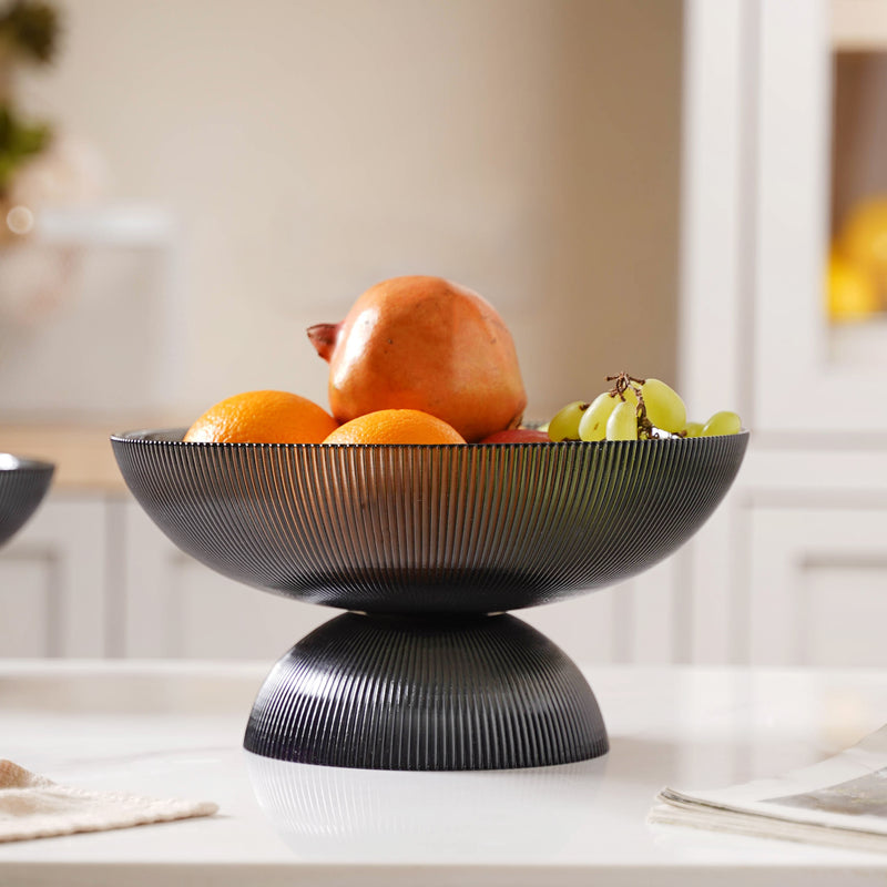 Ribbed Grey Fruit Bowl Large - Glass bowl, serving bowls, bowl for snacks, glass serving bowl, large serving bowl | Bowls for dining table & home decor