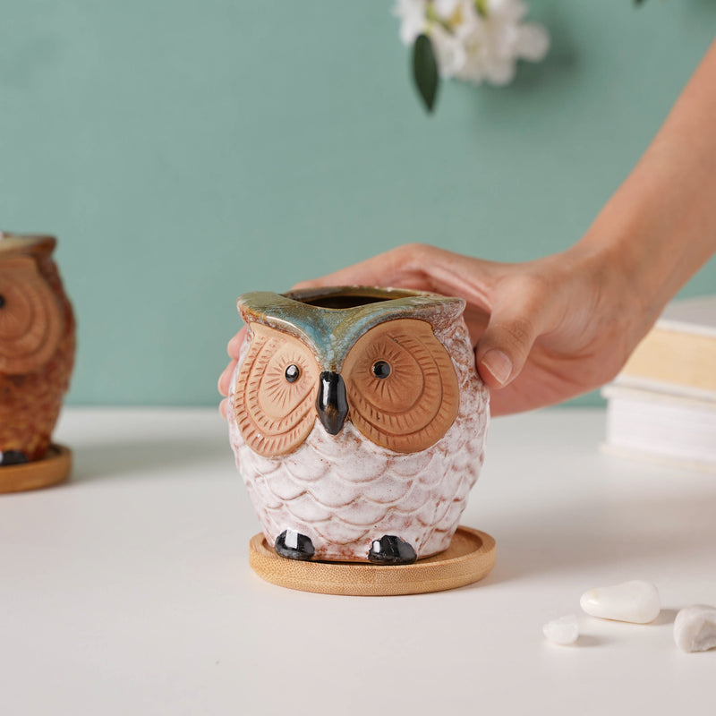 Colossal White Ceramic Owl Planter With Wooden Coaster - Indoor planters and flower pots | Home decor items