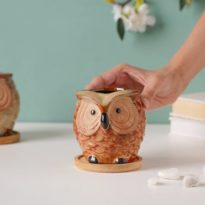 Orange Owl Ceramic Planter With Wooden Coaster - Indoor plant pots and flower pots | Home decoration items