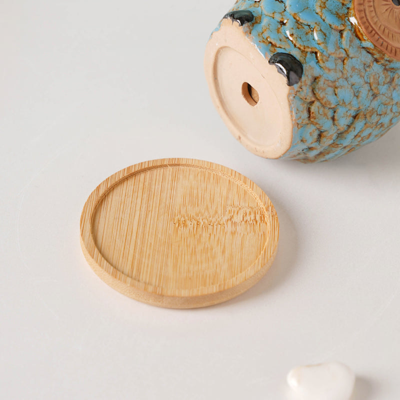Seacrest Owl Blue Ceramic Planter With Wooden Coaster - Indoor planters and flower pots | Home decor items