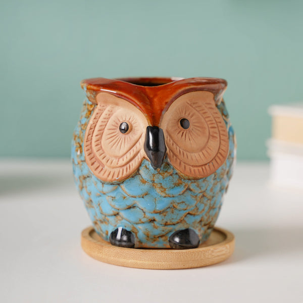 Seacrest Owl Blue Ceramic Planter With Wooden Coaster - Indoor planters and flower pots | Home decor items