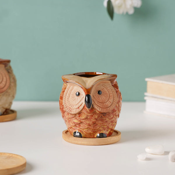 Orange Owl Ceramic Planter With Wooden Coaster - Indoor plant pots and flower pots | Home decoration items