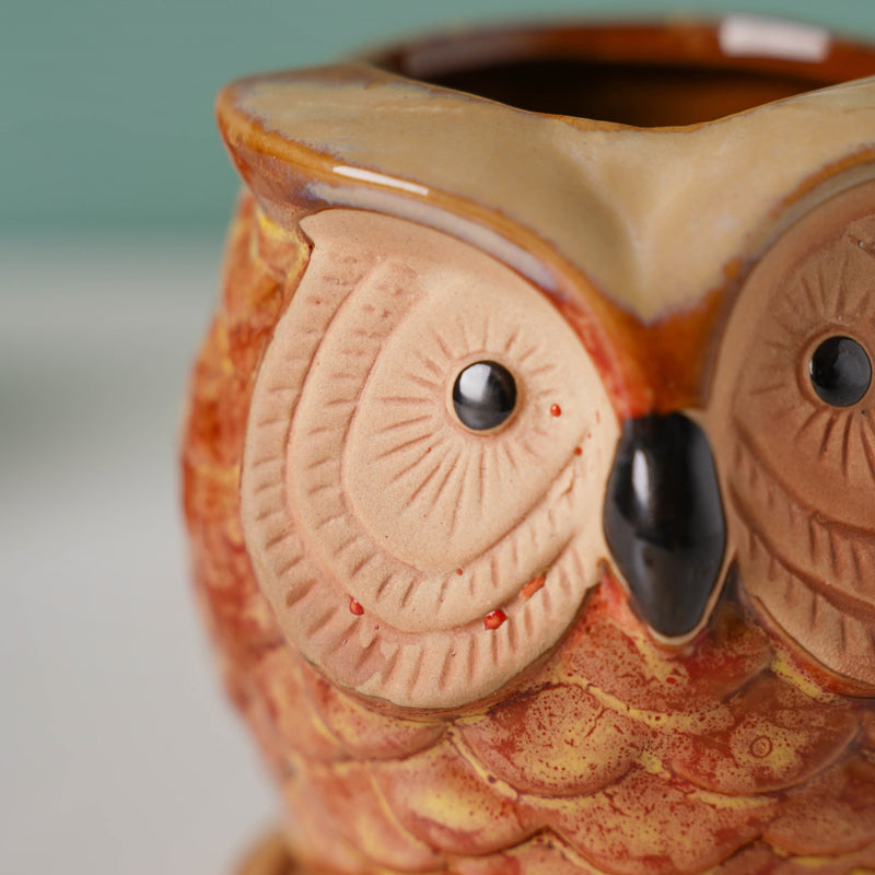 Orange Owl Ceramic Planter With Wooden Coaster - Indoor plant pots and flower pots | Home decoration items
