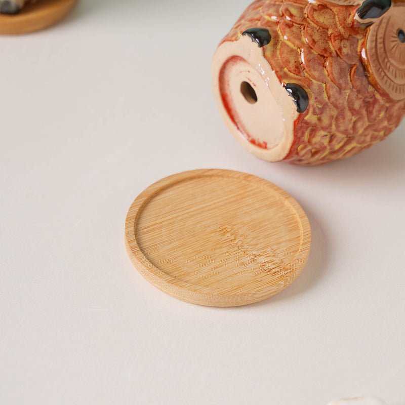 Orange Owl Ceramic Planter With Wooden Coaster - Indoor plant pots and flower pots | Home decoration items