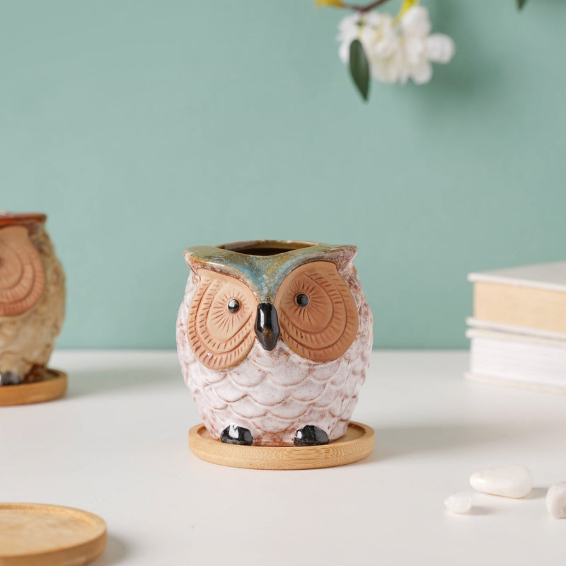 Colossal White Ceramic Owl Planter With Wooden Coaster - Indoor planters and flower pots | Home decor items